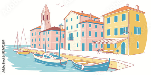 A colorful illustration of a small town by the water Vector