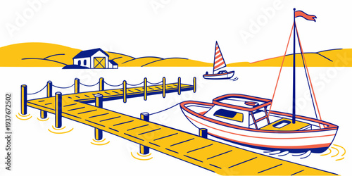 A colorful illustration of a boat docked at a pier Vector