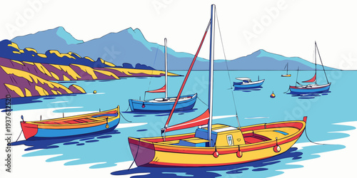 Boats floating on a calm sea with a mountainous backdrop Vector