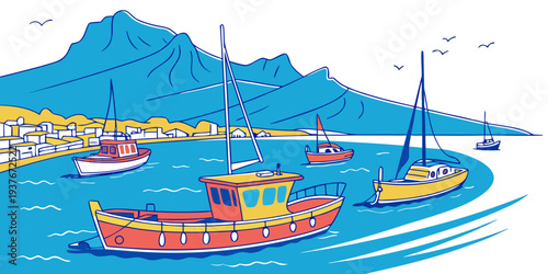 Boats are anchored in a picturesque bay with a large mountain in the background Vector