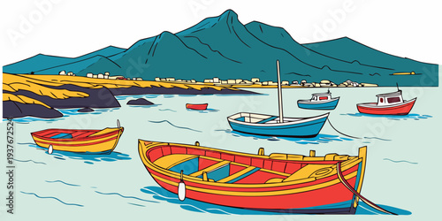 A colorful painting of boats on a body of water Vector