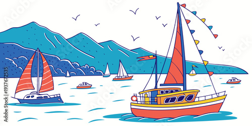 Sailing boats on a serene lake with mountains Vector