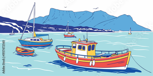 Boats are anchored in the calm waters of a picturesque bay Vector