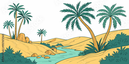 A desert oasis with a stream and palm trees Vector