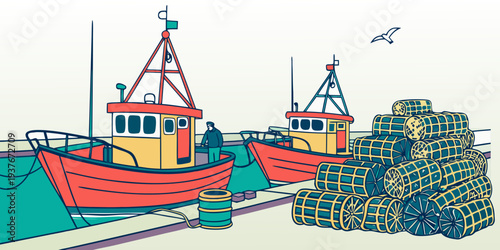 Fishing boats docked at a harbor with a pile of crates Vector