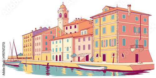 A colorful illustration of a european coastal town Vector