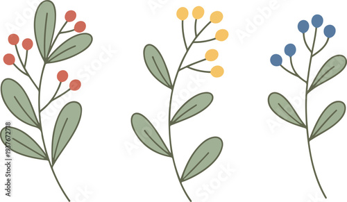Hand drawn botanical branches with green leaves and colorful pink yellow blue berries minimalist illustration set 