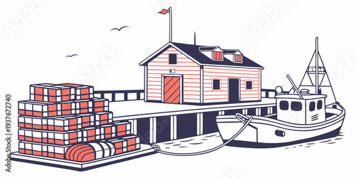 A boat is docked at a pier next to a warehouse Vector