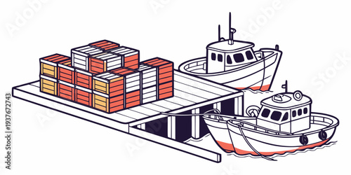 Cargo ships are docked at a port with containers Vector