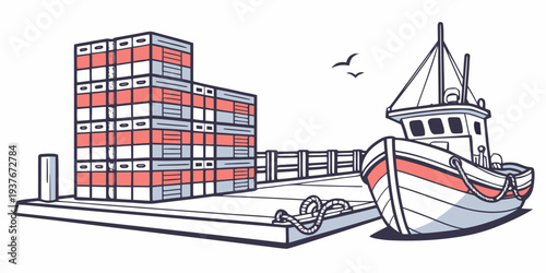 A cargo ship is docked at a port with stacked shipping containers Vector