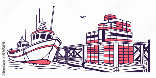 A red and white boat is docked next to a large building Vector