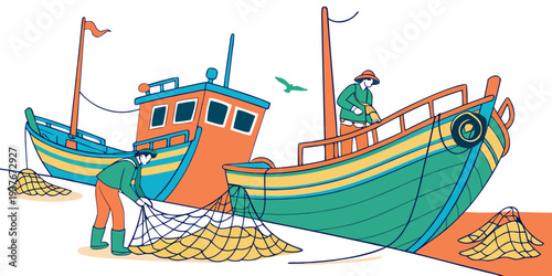 A colorful fishing boat on the shore with nets and catch Vector