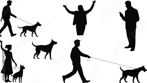 Silhouette people walking dogs, pet companionship, everyday lifestyle, leash motion, outdoor activity, human figure, canine art, interaction design, movement illustration