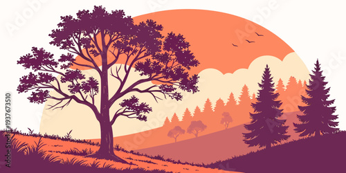 A serene landscape with trees at sunset Vector