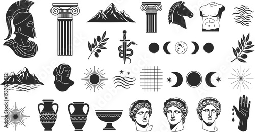 Ancient Greek and Roman silhouette illustration set with helmet, columns, sculptures, olive branches, mythology, celestial symbols, and classical art motifs