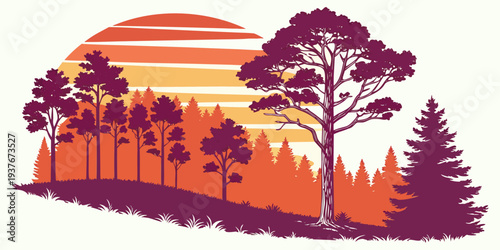 A serene forest landscape at sunset with trees Vector
