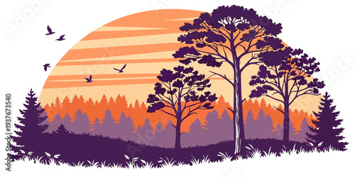 A serene landscape with trees at sunset Vector