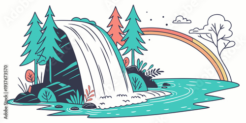 A waterfall and rainbow in a forest with trees Vector