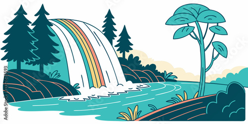 A colorful waterfall with a rainbow in a natural setting Vector
