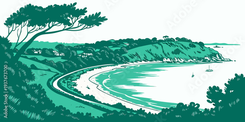 A scenic road winding along a serene lake shore Vector