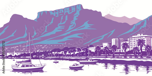 A purple and blue illustration of a mountain range behind a body of water Vector