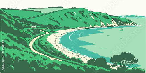 A serene landscape with a winding road and a body of water Vector