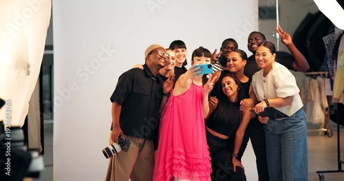 Billede på lærred Memories, photography and selfie of model with production crew on set for bonding or picture
