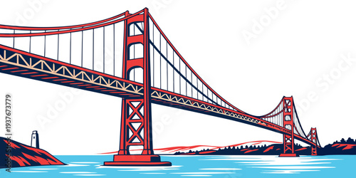 A red bridge over a body of water Vector