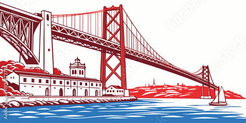 Illustration of a large red suspension bridge over water Vector