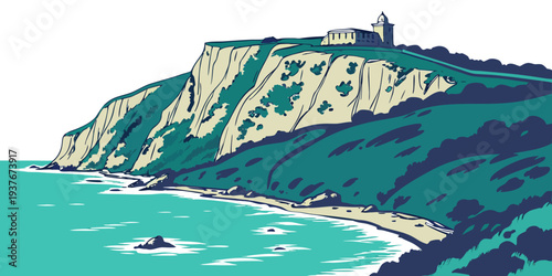 A scenic cliffside landscape with a body of water Vector