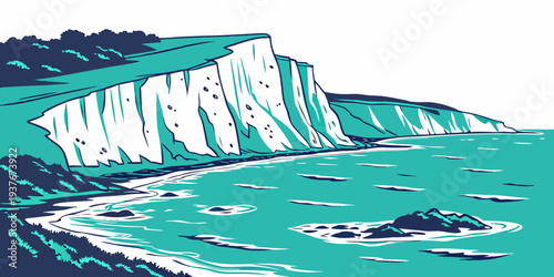 A serene cliffside by the ocean with white waves Vector