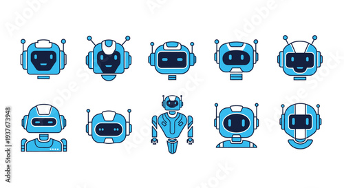 Collection of friendly robot avatars and characters in various styles and colors representing artificial intelligence and automation in technology
