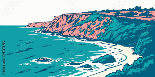 A scenic view of a coastline with cliffs and ocean Vector