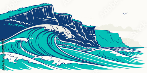 A blue and white wave crashing on a rocky shore Vector