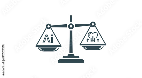 Scales balancing artificial intelligence icon and cloud computing symbol, concept of data, digital storage, and technology