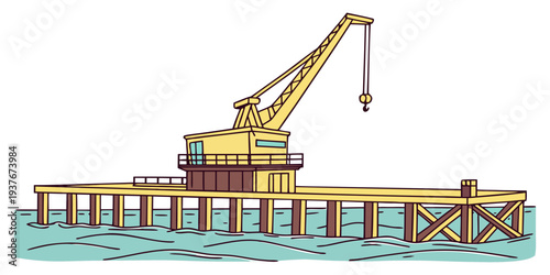 A yellow crane on a pier over the water Vector