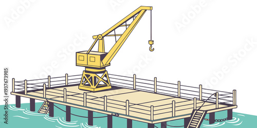 A yellow crane on a pier over the water Vector