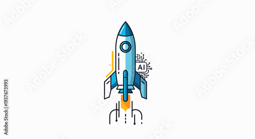 Sleek rocket ship flying upwards with ai circuit board and flame represents high speed technological advancement and artificial intelligence power systems
