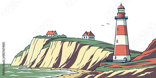 A lighthouse on a rocky cliff by the sea Vector
