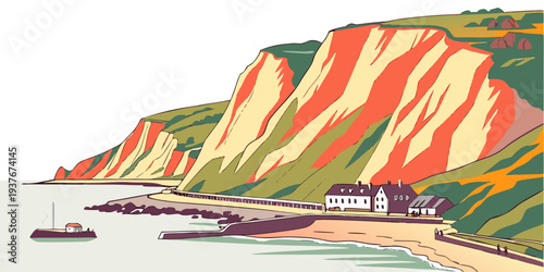A colorful illustration of a beach with a large cliff Vector