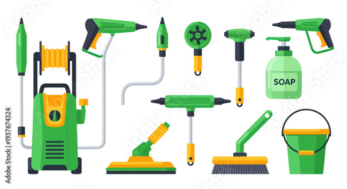 Green Cleaning Tools and Equipment Set - Pressure Washer, Buckets, Brushes