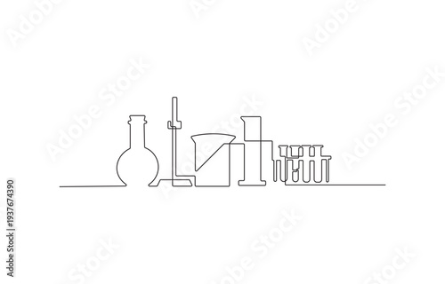 A continuous line drawing depicts various laboratory glassware and equipment in a minimalist style