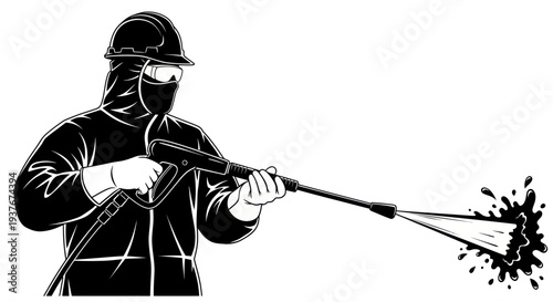 Worker in Protective Gear Using High-Pressure Washer for Cleaning