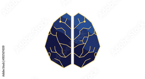 Detailed neural network brain diagram with golden circuit lines on dark blue background symbolizing artificial intelligence and advanced digital processing