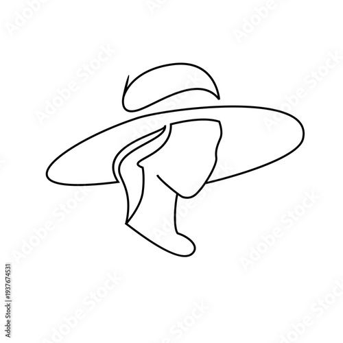 Minimalist Line Art Profile of Woman Wearing Wide Brim Hat