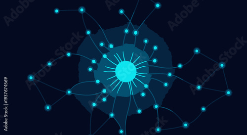 Dynamic central network hub on dark blue background with glowing connections radiating outwards depicting digital data flow and global reach