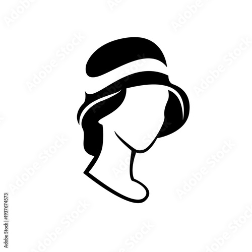 Woman Head Profile with Elegant Cloche Hat Silhouette Vector Icon