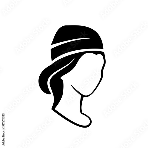 Black Silhouette of Female Head with Head Covering and Hair, Side Profile Vector Icon