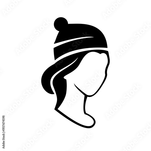Woman Head Profile with Winter Beanie Hat Outline Icon
