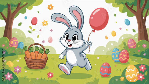 Happy easter bunny running with red balloon and basket in colorful spring garden with eggs and flowers